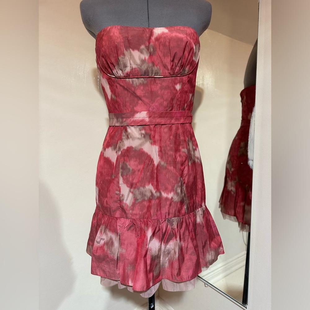 BCBGMaxAzria Strapless Red Tie-Dye Ruffle Hem Mini Dress